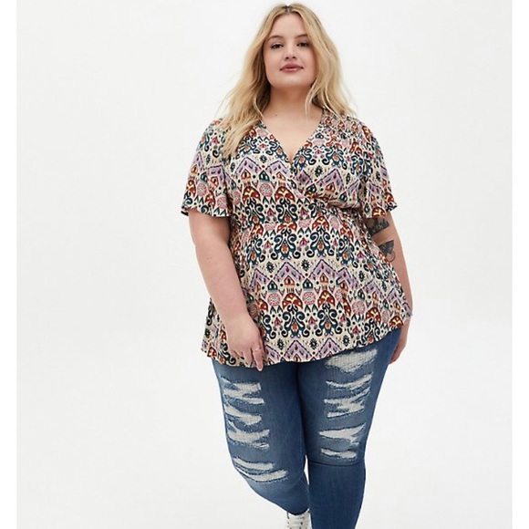 Excellent Condition torrid Smocked Wrap Blouse, ikat print, Size 1 - 14/16 - Picture 1 of 6